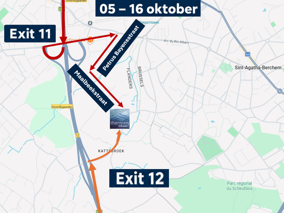 Kaart van de omleiding naar Thermen Dilbeek via afrit 11 en afrit 12, van 5 tot 16 oktober.